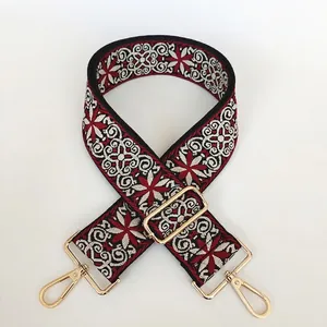 Détail de la bandoulière brodée style ethnique avec crochets dorés et motifs floraux