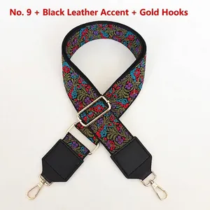 Détail de la bandoulière brodée ethnique avec boucle en métal doré et similicuir noir
