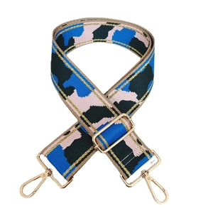 Adjustable wide nylon bag strap with colorful camouflage pattern and golden metal hooks