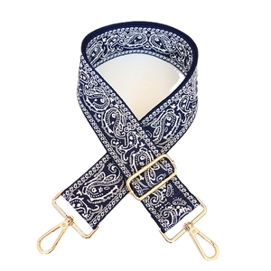 Adjustable 5cm wide canvas shoulder strap with blue paisley pattern and gold metal hardware