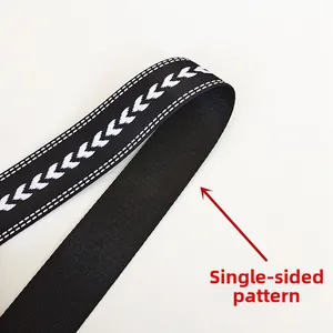 Detail of nylon bag strap with white V-pattern and adjustable jacquard texture