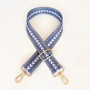 Detail of grey-blue woven strap with white chevron patterns and gold metal lobster clasps