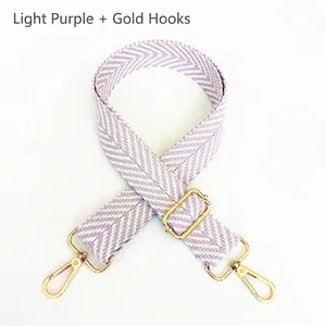 Detail of light purple chevron woven bag strap with adjustable golden metal hardware