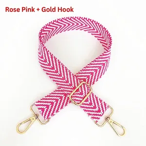 Detail of rose pink chevron cotton bag strap with adjustable gold lobster clasp