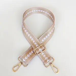 Detail of khaki nylon bag strap with white arrow pattern and golden metal buckles
