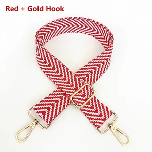 Adjustable red and white chevron woven shoulder strap with premium gold metal hooks