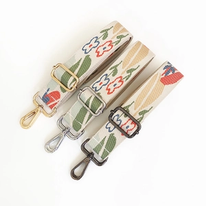 Floral embroidered canvas bag strap with adjustable metal buckles in three hardware colors