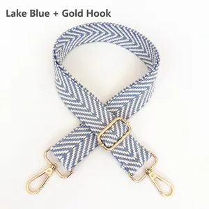 Close-up of thick cotton woven handbag strap in lake blue and white herringbone pattern