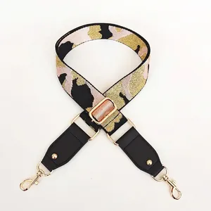 Pink and gold camouflage adjustable wide strap with black leather and metal lobster clasps