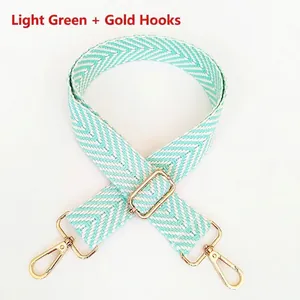 Detail of light green herringbone cotton bag strap with polished gold metal swivel hooks
