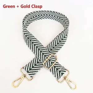 Adjustable green and white chevron woven shoulder strap with gold metal lobster hooks