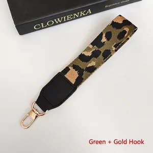 Close-up of olive green leopard print lanyard with gold lobster clasp and black leather tip