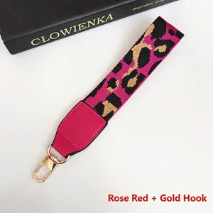 Detail of rose red leopard print phone lanyard strap with high-quality gold metal hook