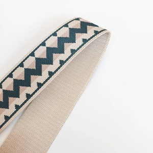 Close-up of wide ethnic woven shoulder strap with green and beige herringbone pattern
