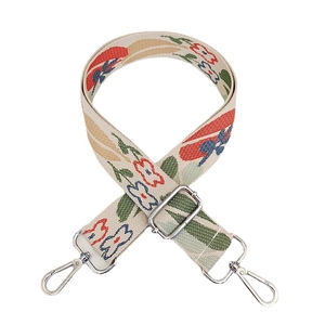 Adjustable canvas shoulder strap with vintage leaf floral embroidery and silver metal hooks