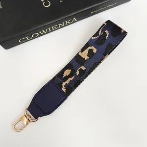 Close-up of leopard pattern wrist strap with blue PU leather and gold rotating hook