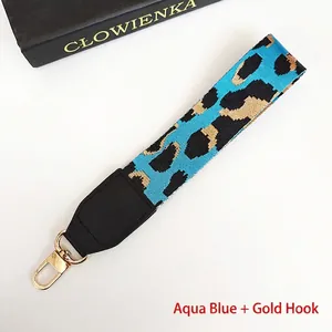 Close-up of leopard print wrist strap with gold metal clasp and leather connector