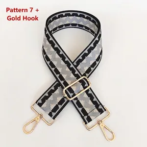 Close-up of geometric zigzag shoulder strap with golden lobster clasps and buckle