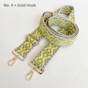 Detail of adjustable geometric ethnic style bag strap with gold metal hooks and buckle