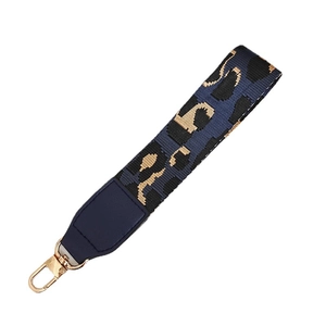 Leopard print hand strap with dark blue leather and gold spring hook for phone case