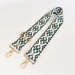 Detailed view of adjustable ethnic jacquard bag strap with gold lobster clasps