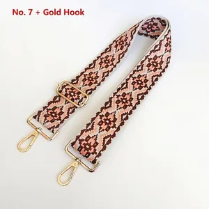 Close-up of ethnic geometric jacquard nylon bag strap with golden rotating hooks and buckle