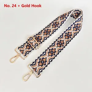 Detail view of ethnic embroidery bag strap with gold metal hardware and No. 24 pattern