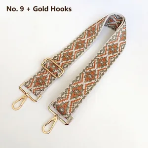 Detail of adjustable bohemian bag strap with ethnic patterns and gold lobster clasps