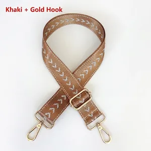 Detail of khaki adjustable nylon bag strap with gold hooks and arrow pattern weave