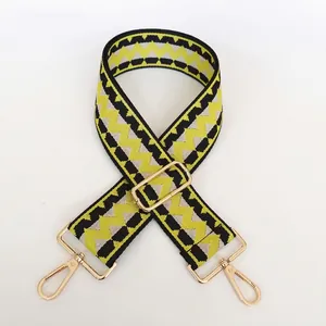Detail view of ethnic style chevron bag strap with gold hook and adjustable buckle