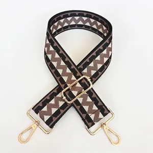 Detail view of ethnic style bag strap with black and brown geometric pattern and gold hooks