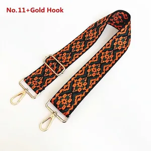 Detail of No.11 ethnic orange geometric woven bag strap with golden swivel hooks