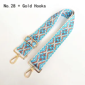Close-up of ethnic geometric pattern nylon strap with adjustable gold metal buckles