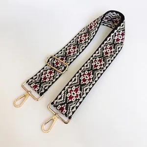 Detail view of ethnic jacquard strap with gold metal lobster clasps and geometric pattern
