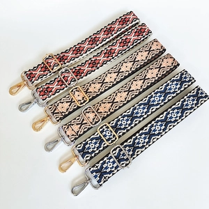 Close-up of adjustable woven shoulder straps with geometric patterns and metal hooks