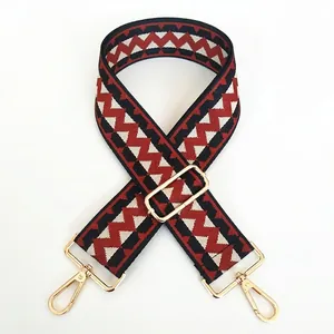 Detail of adjustable wide shoulder strap with red black white geometric patterns and gold clips