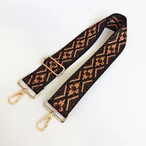 Detail of ethnic jacquard guitar strap for bags with golden swivel hooks and buckles