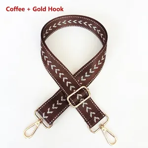 Detail view of coffee nylon strap with white arrow pattern and golden metal swivel hooks