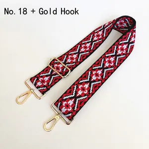 Close-up of ethnic geometric pattern nylon bag strap with gold metal rotating clasps