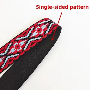 Close-up of ethnic jacquard woven bag strap showing single-sided pattern design
