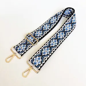 Ethnic geometric nylon bag strap with golden metal hardware and adjustable length
