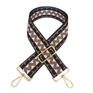 Ethnic wide shoulder strap with geometric wave pattern and adjustable gold buckles
