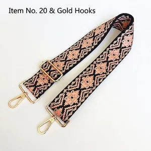 Adjustable ethnic geometric pattern nylon bag strap with polished gold metal hooks