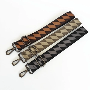 Detail of adjustable geometric pattern backpack straps with gunmetal swivel hooks