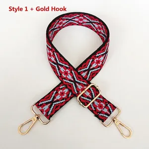 Close-up of wide colorful ethnic strap with golden metal swivel hooks and adjuster