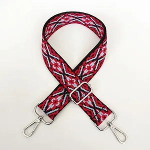 Detailed view of No. 1 ethnic jacquard canvas strap with silver metal swivel lobster hooks