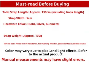 Detailed specs for 130cm jacquard bag strap with 5cm width and multi-color metal hooks