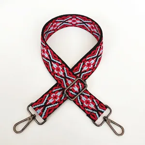 Detail of colorful jacquard purse strap with geometric pattern and metal lobster clasps