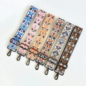 Ethnic style jacquard canvas wide bag straps with vintage embroidery and metal hooks