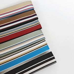 Close-up of adjustable striped canvas shoulder straps in six diverse color patterns